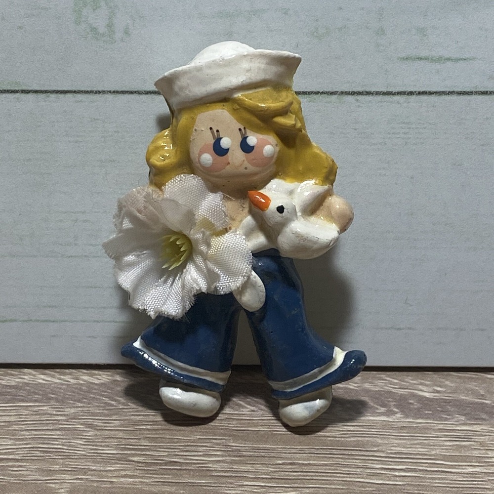 Vintage Plastic Sailor Girl With Bird ~ Hand Painted Brooch